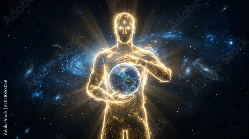 Ethereal golden figure holding earth planet in deep space for global protection and cosmic spirituality concept
