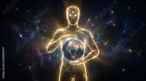 Ethereal golden figure holding earth planet in deep space for global protection and cosmic spirituality concept
