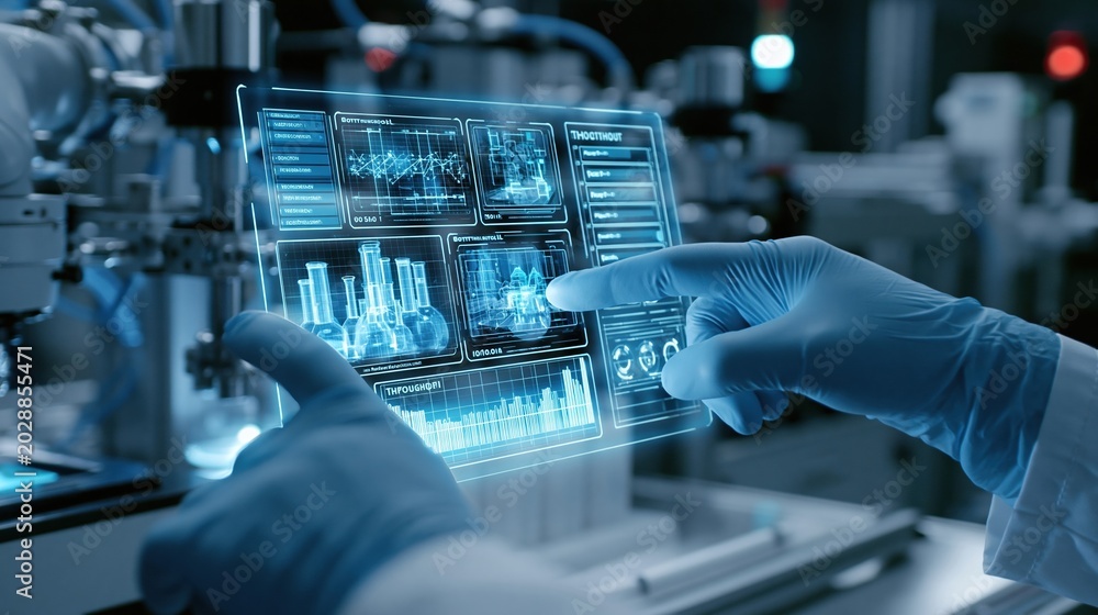 Fototapeta premium Gloved hands finetuning a holographic digital twin interface showing realtime throughput and bottleneck alerts bathed in futuristic blue glow at a hightech manufacturing station.