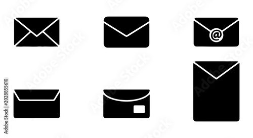 Set of six different black envelope icons for email and mail communication