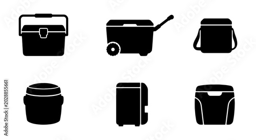 Set of cooler box icons, portable refrigerator for food and drinks, vector illustration