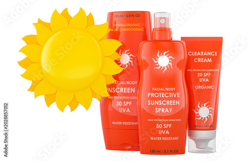 Sunscreen bottles with sun symbol, spf protection skincare concept, 3d rendering
