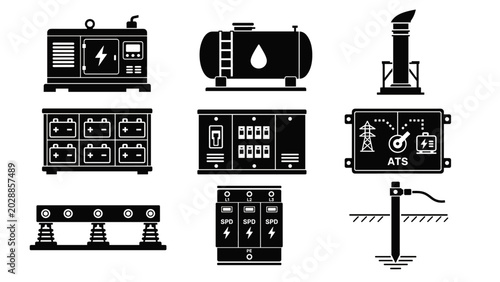 Black icon set of industrial control panels, gauges, valves, and process equipment arranged on a white background, presenting a professional engineering and industrial automation concept for