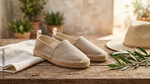 Casual espadrille shoes for women resting on rustic wooden table with straw hat and plants.