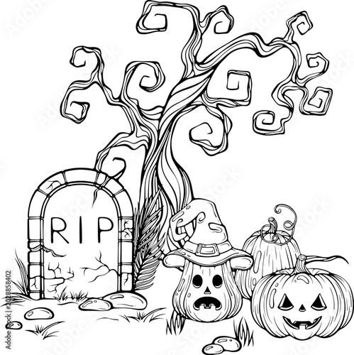 Halloween composition with dry tree, gravestone and Jack o lantern pumpkins. For scary decor, coloring book, spooky design. Vector illustration in hand drawn doodle style. Line art isolated on white