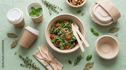 Healthy salad bowl with fresh greens quinoa tomatoes and sustainable takeaway packaging.