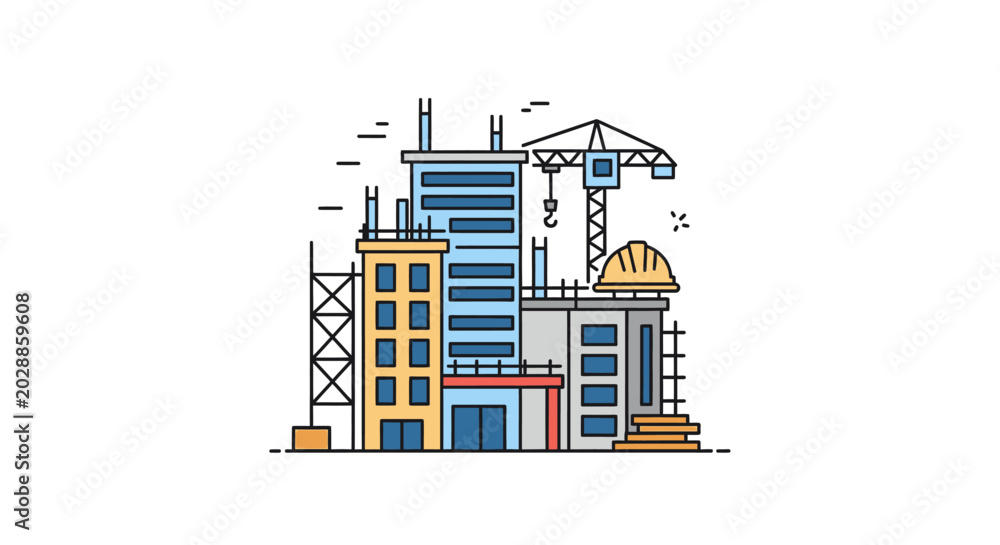 Fototapeta premium Construction site illustration with crane and buildings urban development