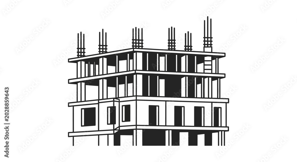 Fototapeta premium Black and white illustration of a multi story building under construction