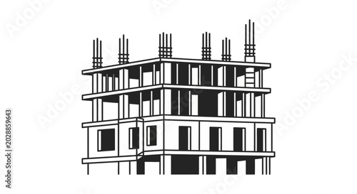 Black and white illustration of a multi story building under construction