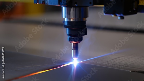 Canvas-taulu Macro close-up of a precision CNC laser cutting head nozzle hovering over a flat steel sheet, bright blue-white laser beam cutting a glowing orange line across the metal surface