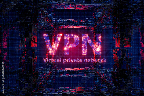 Bypassing government censorship with VPN. Concept of internet connection encryption. VPN written on a technological background. Privacy online with a VPN. Access to blocked websites via VPN. 3d render