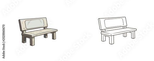 Cuadro en lienzo Cartoon illustrations of memorial cemetery bench in flat colored and black line
