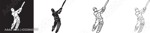 Quadro su tela Cricket batsman playing a powerful shot vector illustration set in silhouette, line art, and negative space styles
