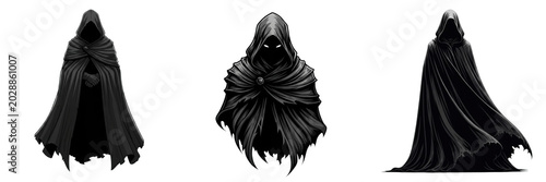 Foto Set of Three Mysterious Hooded Figures in Black Cloaks Isolated on White Backgro