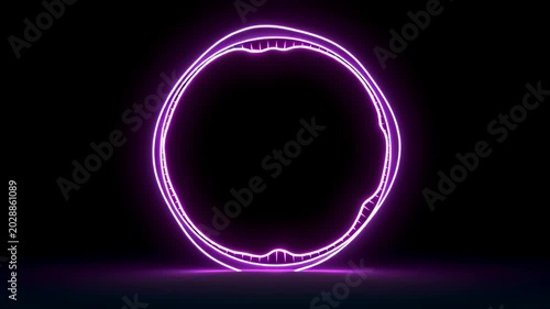 Abstract neon purple circle frame with an integrated audio visualizer, creating a dynamic and glowing light ring effect. This seamless loop animation features a sound wave pattern within the circle, m