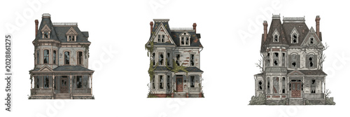 Fotografi Haunted Victorian Mansion PNG Collection: Detailed Abandoned Houses Isolated on