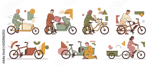 Bild auf Leinwand Cargo bike delivery set with people riding electric bicycles and loading parcels