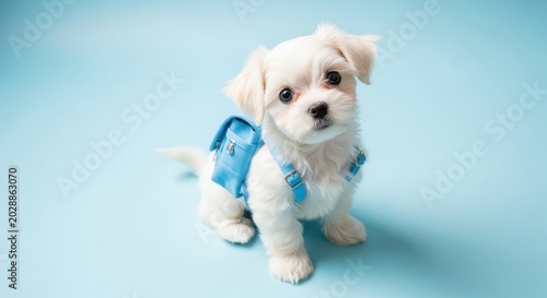 Cute white puppy wearing a blue backpack