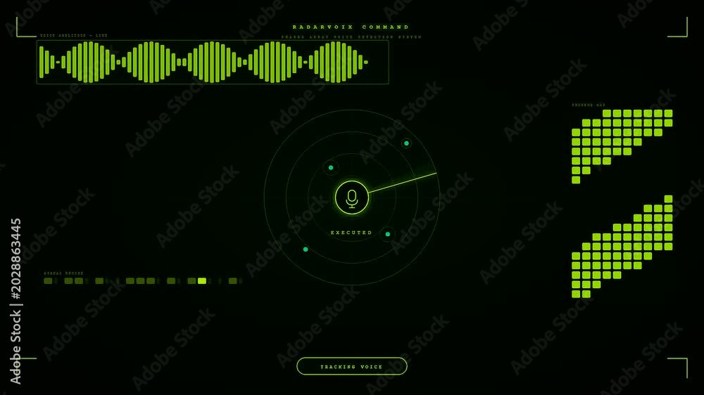 The screen displays a green Voice Command Interface with glowing sound ...