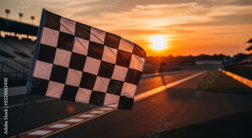 Checkered flag waving at sunset over race track