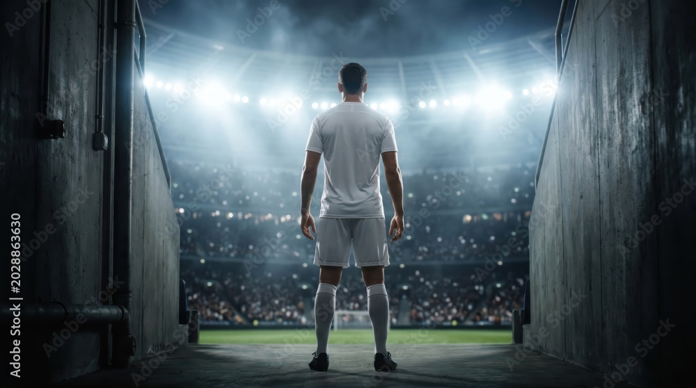Fototapeta premium White uniform soccer player standing between concrete tunnel walls