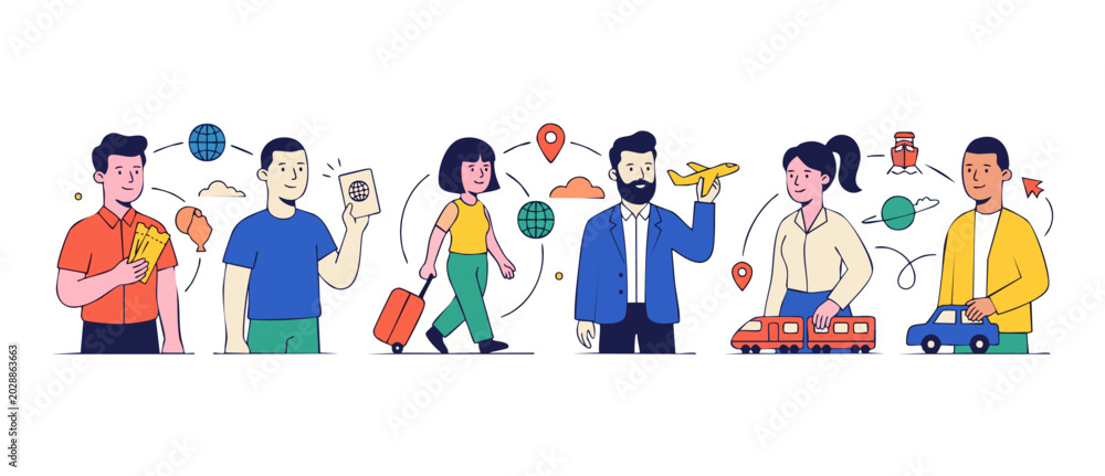 Fototapeta premium Travel People Group Traveling Illustration with Passport, Plane, Train, and Car Icons for Tourism Concept, Flat Vector Design Depicting Global Adventure, Vacation Booking and Diverse Travelers Lifesty