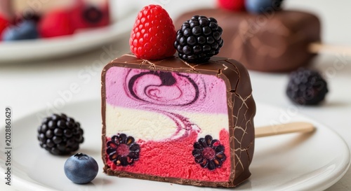 Pink berry cake with strawberry and blackberry on top