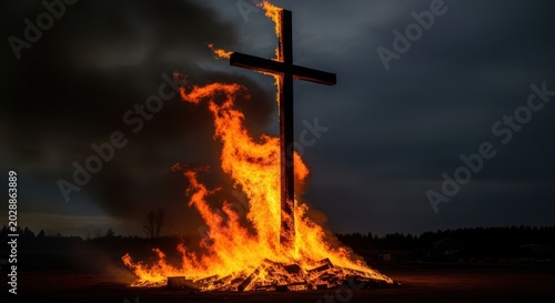 Burning wooden cross at night with fire