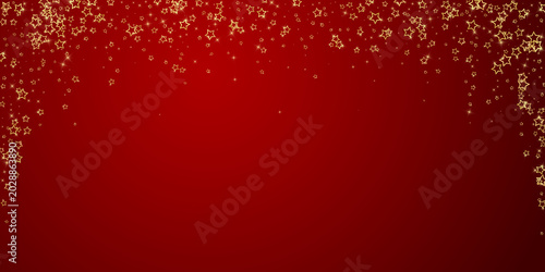 Christmas stars overlay. Magic stars luxury sparkling confetti. Christmas spirit. Festive stars illustration on red background.