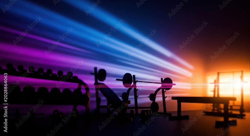 Fototapeta premium Gym silhouettes with bench press equipment and colored light beams
