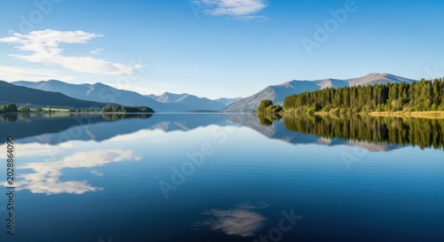 Serene lake with mountain reflection under a clear sky