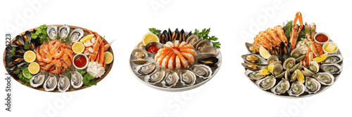 Collage of Gourmet Seafood Platters with Oysters, Shrimp, Mussels, and Lemon PNG Isolated on White Background for Fine Dining, Restaurant Menu, and Culinary Advertising