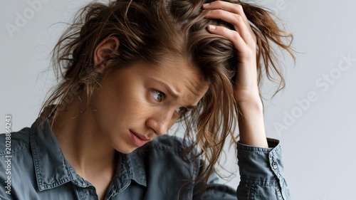 Stress and mental health are key concepts in this image, a young woman with messy hair scratching her head. She looks down with a worried and frustrated expression, conveying feelings of anxiety and c