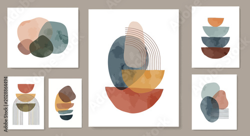 Abstract Boho Art Set: Geometric Shapes, Earth Tones, Watercolor Textures