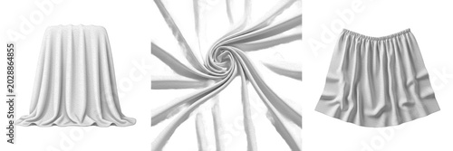 Foto White fabric drapery set with elegant folds and swirl texture, realistic draped