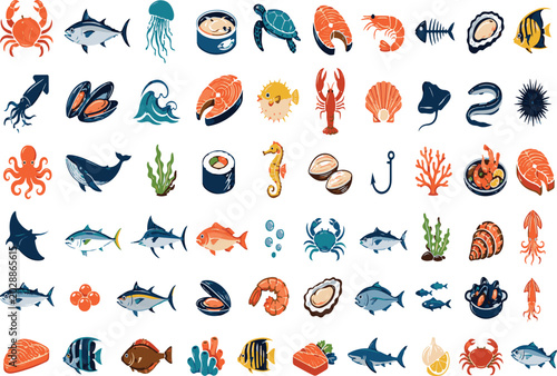 Bild auf Leinwand Large Collection of Vector Seafood and Marine Life Icons with Fish, Crab, Lobster, Shrimp, Shellfish, and Ocean Animals Ideal for Restaurant Menus, Web Design, and Fishing Industry Graphics