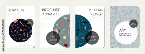 School notebook cover design. Terrazzo abstract background made of natural stones, granite, quartz and marble. Venetian terrazzo texture school notebook template.