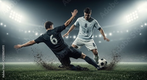 Two soccer players during sliding tackle in floodlit stadium