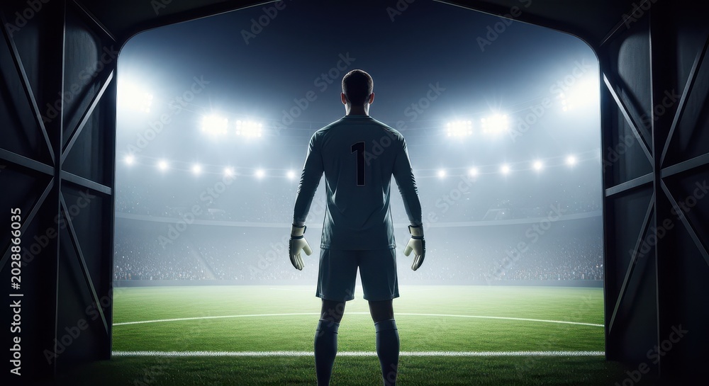 Fototapeta premium Goalkeeper standing in stadium tunnel facing field