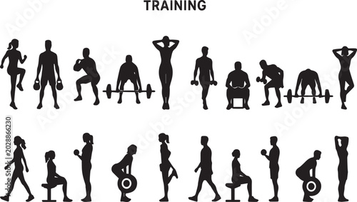 Foto Comprehensive Fitness Training Silhouettes Set Featuring Men and Women Performing Gym Exercises, Weightlifting, Bodybuilding, Cardio, and Stretching for Health and Wellness Vector Design