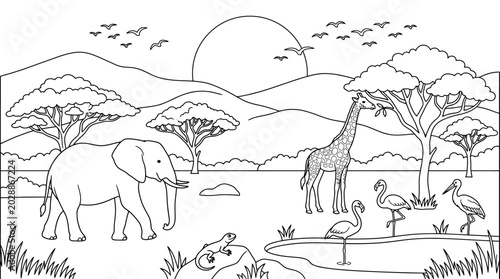 Photography African safari animals line art elephant giraffe flamingos and turtle