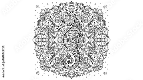 Seahorse coloring page for adults with mandala and floral patterns
