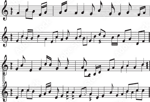 Foto Elegant Black and White Musical Notation Staff Vector Illustration Featuring Treble Clef and Various Notes for Song Composition, Artistic Melody, and Harmonic Sound Background Design
