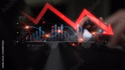 Photos Economic caution visualized with fluctuating market graph, alert symbols, and negative data trends
