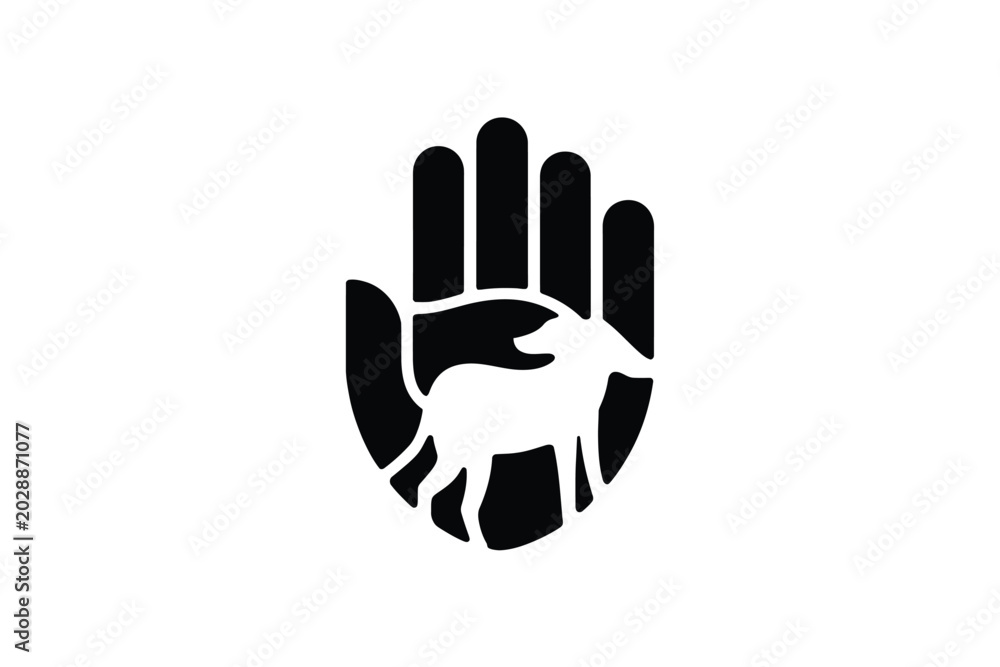 Fototapeta premium Black silhouette of a human hand cupping a small animal, representing protection, care, animal welfare, and kindness, isolated on a white background, flat