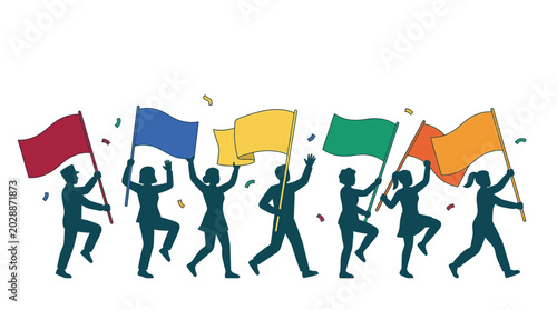 Tableau sur toile Group of People Celebrating with Colorful Flags Silhouette