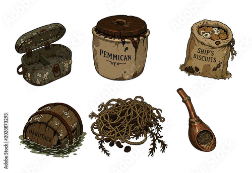 A collection of vintage herbal medicine containers, dried roots, and a wooden spoon arranged on a white background, presenting a pharmaceutical healthcare concept for traditional treatment, pharmacy