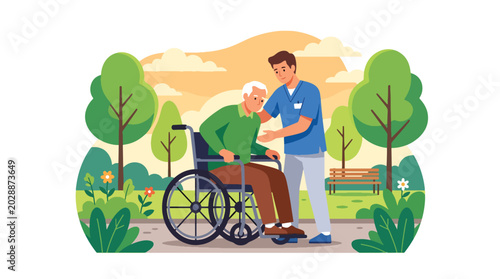Photos Modern flat vector illustration of caregiver helping elderly man into wheelchair