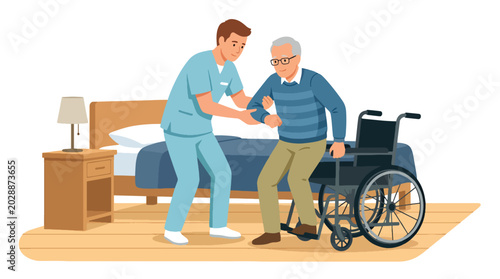 Foto Modern flat vector illustration of caregiver helping elderly man into wheelchair