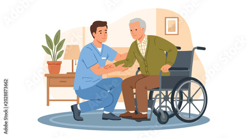 Photos Modern flat vector illustration of caregiver helping elderly man into wheelchair